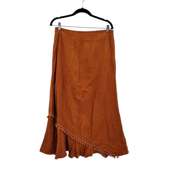Nikki Collection Skirt M Burnt Orange Maxi Retro 70s Corduroy Ruffle Pom Pom - Picture 4 of 10
